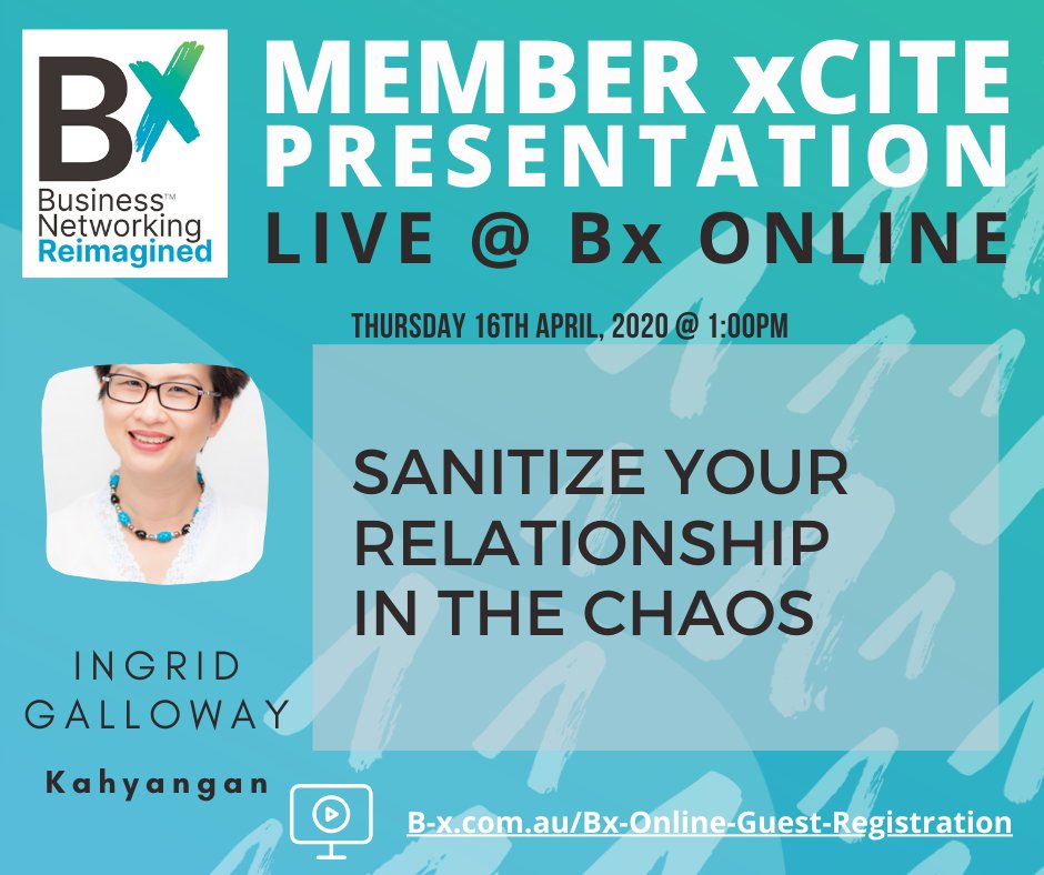 Join us for a Facebook Live on Thu, 16 Apr at 1:00 pm for an incredible xCite Presentation by Ingrid Galloway from Kahyangan on Sanitize Your Relationship In The Chaos.

Join us here live on Thu, 16 Apr at 1:00 pm!
b-x.com.au/Bx-Online-Gues…