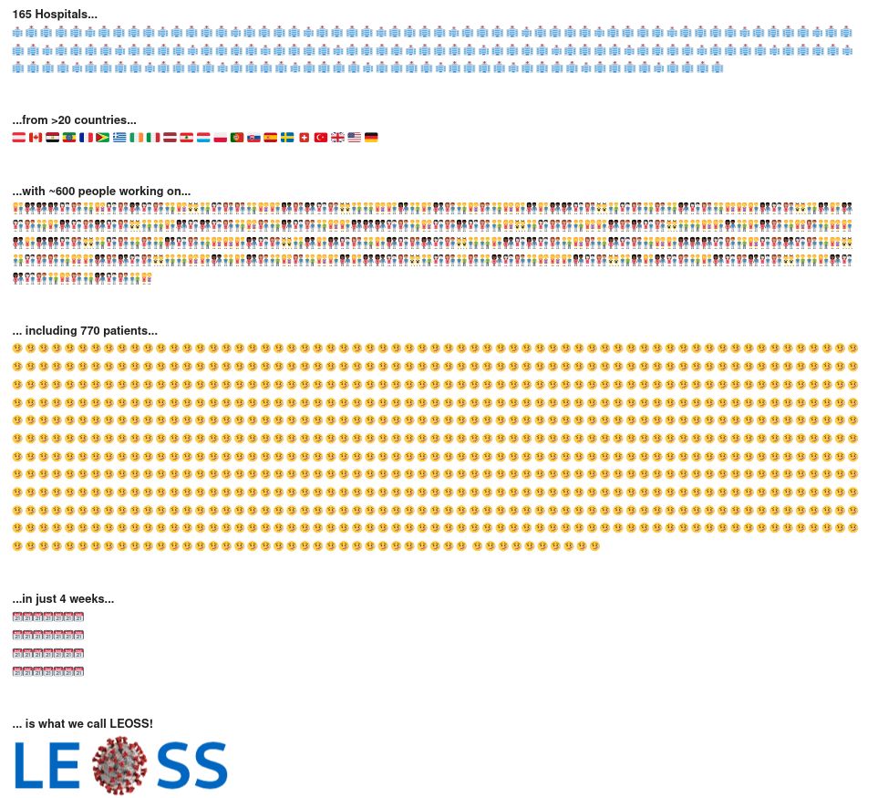 LEOSS_CoV_2's tweet photo. Yesterday's Key-Metrics (daily on https://t.co/fboWPdCq1e) on the Lean European Open Survey on SARS-CoV-2 Infected Patients #LEOSS
642 (+3) people involved
💥165💥 Sites registered
770 (+3) patients included
+ an Emoji-visualization of our metrics!
#COVID19 #coronavirus https://t.co/3X1Bu65K9J