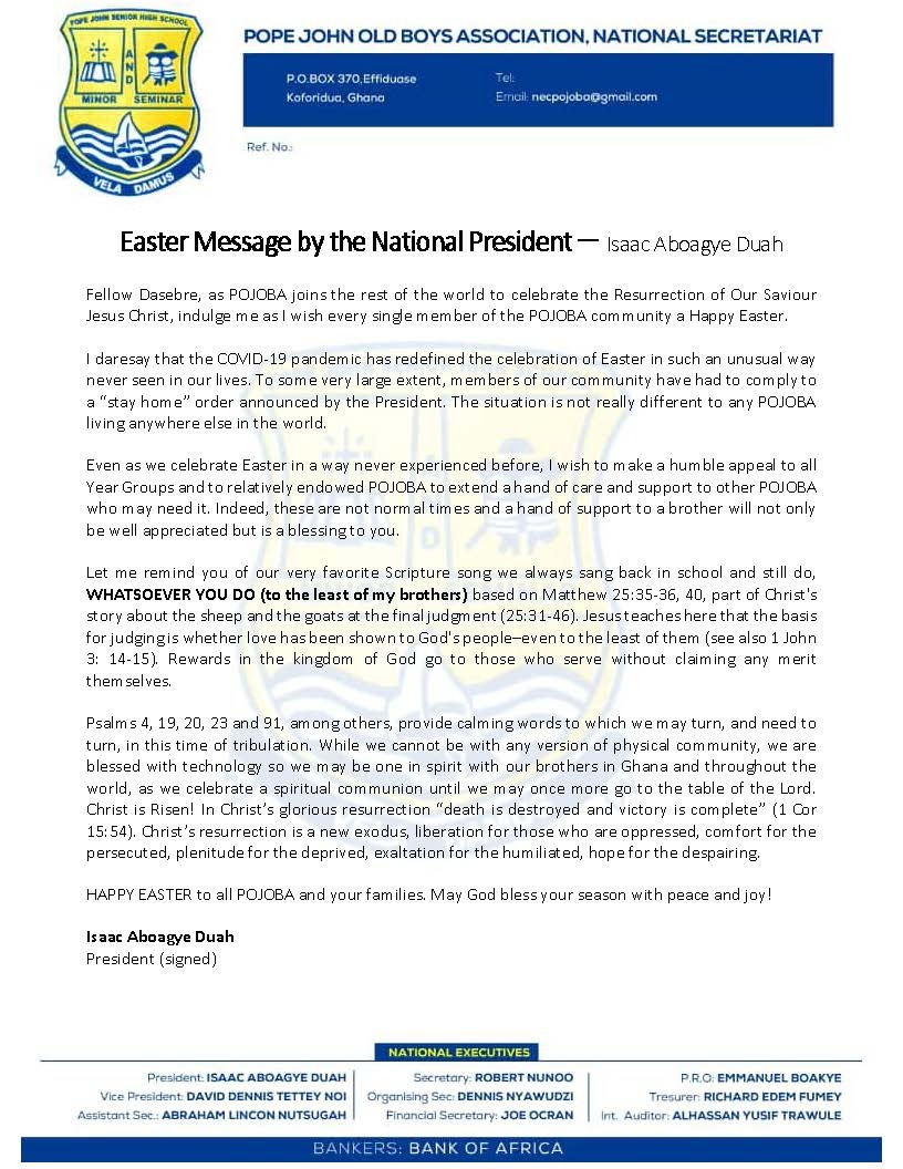 Easter message by our national president to all POJOBA