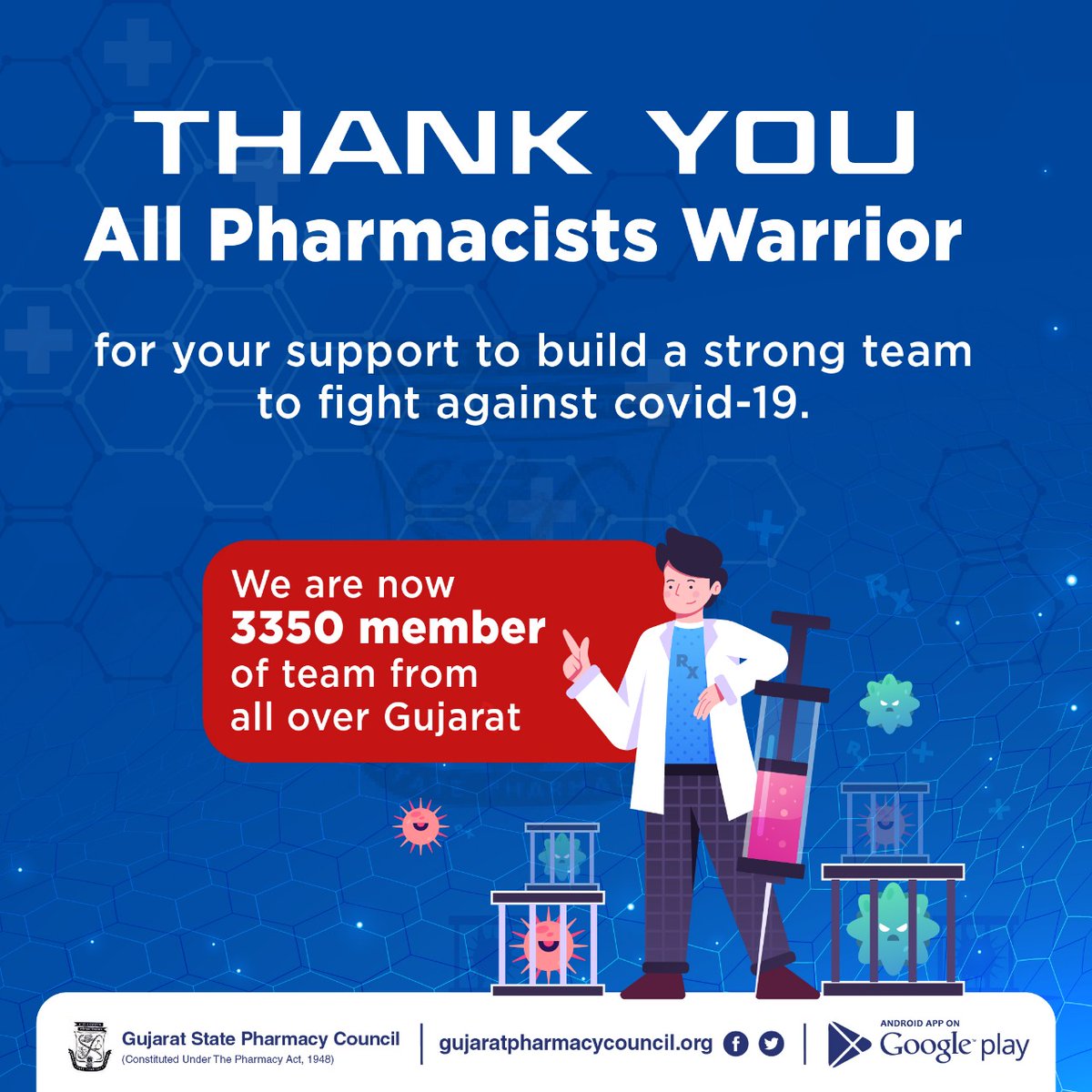 GSPC_Gujarat's tweet photo. Thank you all Pharmacists warrior. We are now 3350 member of team from all over gujarat.

Be part of this team and support to fight against Covid-19.
Fill your details through this link:
https://t.co/7Mm9jqKteU

#PharmacistsOnTheFrontline 
#Pharmacists_The_Unsung_warriors https://t.co/NqjcZ4snjr