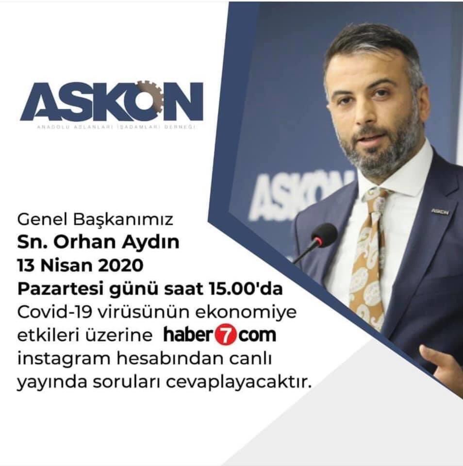 Genel Başkanımız Sn.Orhan Aydın 
13 Nisan 2020 Pazartesi günü saat 15.00'da Covid-19 virüsünün ekonomiye etkileri üzerine Haber7 instagram hesabından canlı yayında soruları cevaplayacaktır.