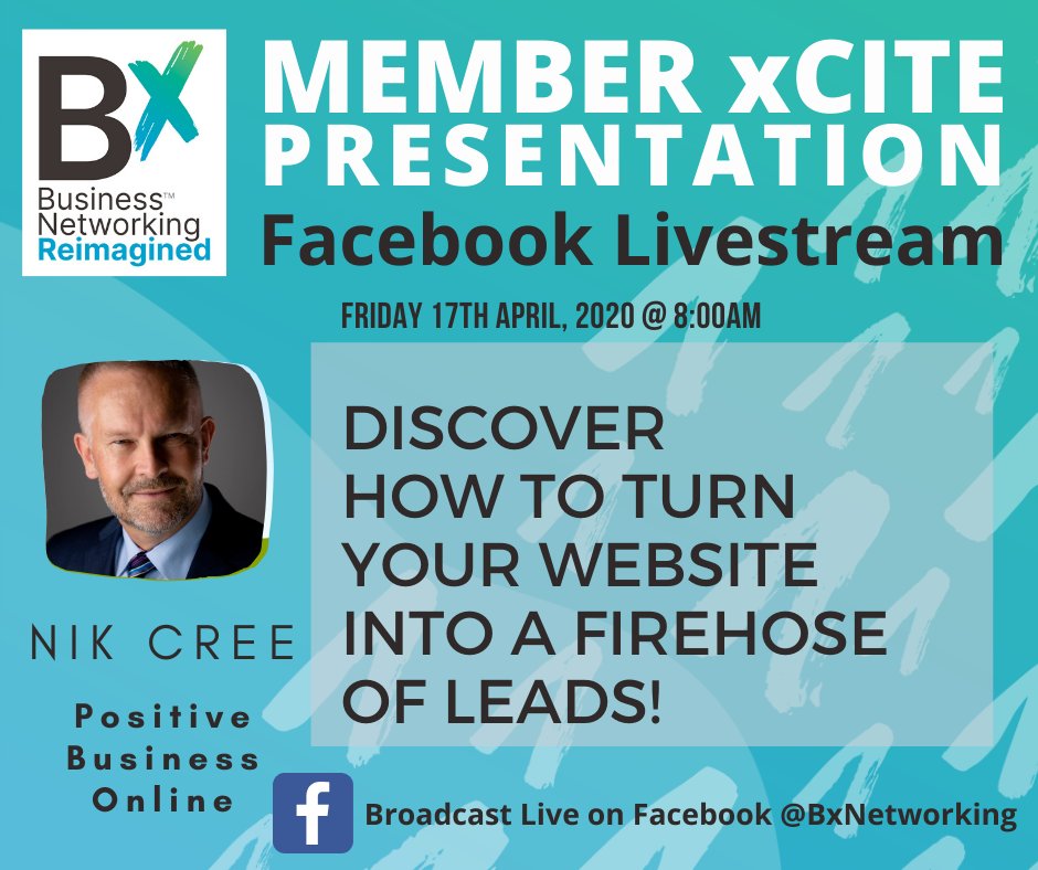 Join us for a Facebook Live on Fri, 17 Apr at 8:00 am for an incredible xCite Presentation by Nik Cree from Positive Business Online on Discover How To Turn Your Website Into A Firehose Of Leads!

Join us here live on Fri, 17 Apr at 8:00 am!
b-x.com.au/Online-Virtual…