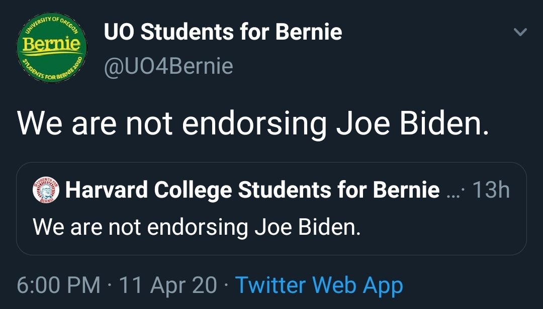 A LOT of university student organizations are refusing to endorse  @JoeBiden.I'm sure there are dozens of other university groups I've missed (i.e. every single  @YDSA_ group - I highly doubt they're endorsing either,) but here are the ones I found after a quick search.