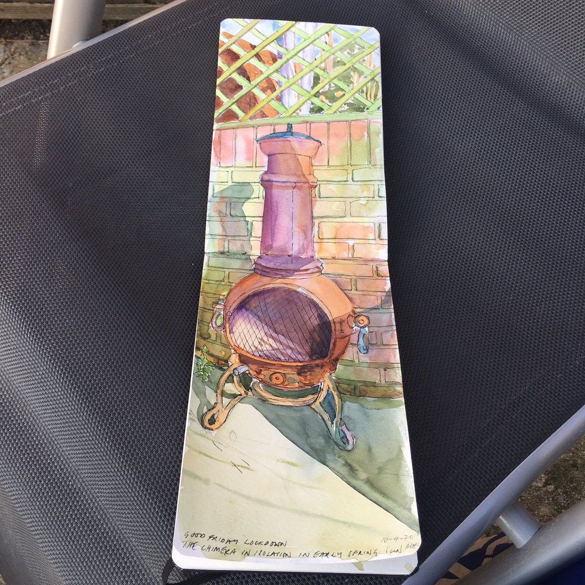 RealRobinLee's tweet photo. The chiminea in the afternoon sunshine in my garden in lockdown Britain. #watercolour #britishartist #outdoorstilllife https://t.co/9dcJUm2vmh