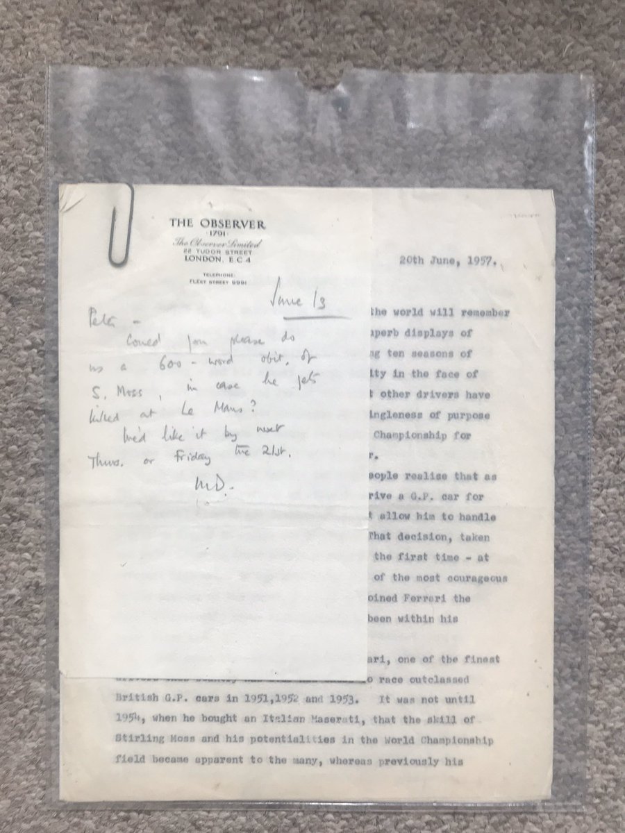 Alastair Clements (@alclemcsc) on Twitter photo 20 years ago at an autojumble I picked up this <a href="/ObserverUK/">The Observer</a> Stirling Moss obit commissioned in 1957 ‘in case he dies at Le Mans’. It’s a measure of the man that it would be another 63 years before it was needed. 20 years ago at an autojumble I picked up this <a href="/ObserverUK/">The Observer</a> Stirling Moss obit commissioned in 1957 ‘in case he dies at Le Mans’. It’s a measure of the man that it would be another 63 years before it was needed.
