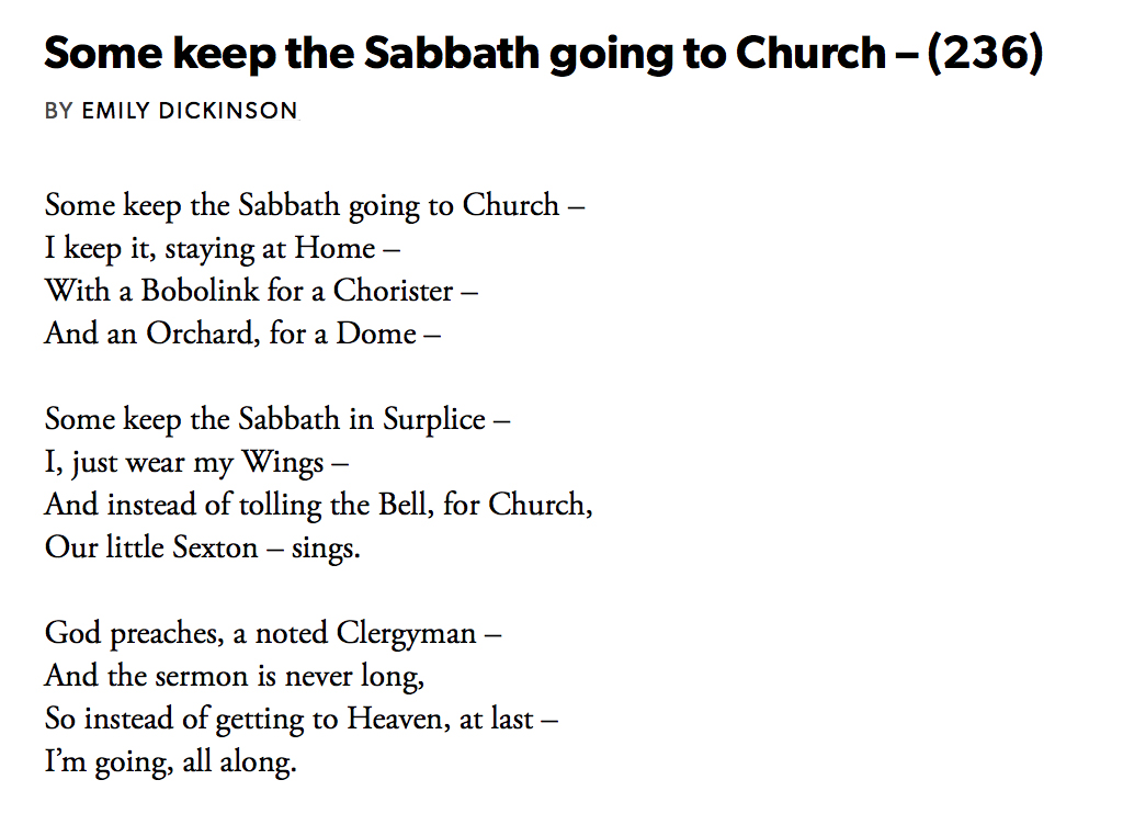 77 Some keep the Sabbath going to Church by Emily Dickinson, read by  @emmagafielding  #PandemicPoems  https://soundcloud.com/user-115260978/77-some-keep-the-sabbath-going-to-church-by-emily-dickinson-read-by-emma-fielding