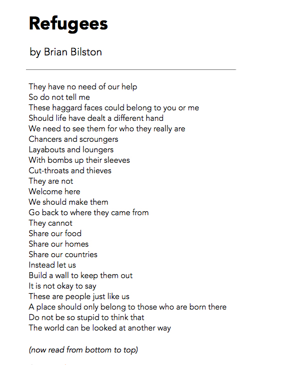 76 Refugees by Brian BilstonRead and reproduced here by kind permission of the author  @brian_bilston #PandemicPoems  https://soundcloud.com/user-115260978/76-refugees-by-brian-bilston