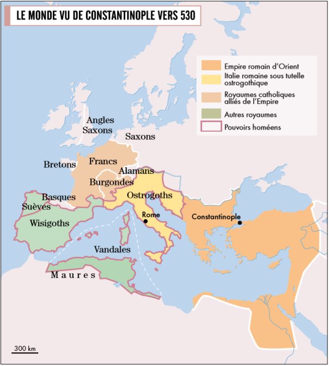La pars occidentalis évolue dès lors en dehors du cadre impérial : elle est fragmentée en diverses principautés barbares dans lesquelles collaborent peuples germaniques et élites romaines. C’est la “naissance” de l’Occident européen. (22)