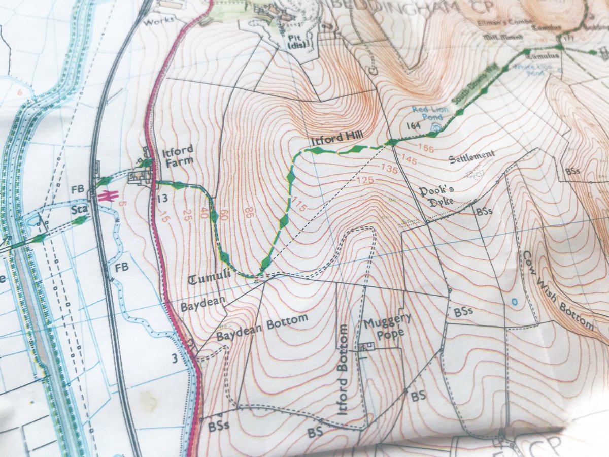 The_Moyleman's tweet photo. And skipping to start of second half ... Itford Hill is there, but nice to spot we skirt Baydean Bottom and who knew there was an area called Muggery Pope just to the south ... then it’s on to Red Lion pond on the first summit and Pook’s Dyke defensively below #propernames https://t.co/6ratYFYdpm