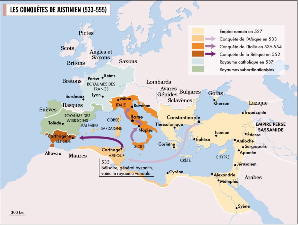 La guerre s’y poursuit jusqu’en 552 (voire 562), épuisant un empire également affecté par d’autres catastrophes : nouvelle guerre contre l’Empire perse, mais aussi et surtout la peste, dite justinienne, qui se déclare en 541 et qui demeure récurrente. (26)