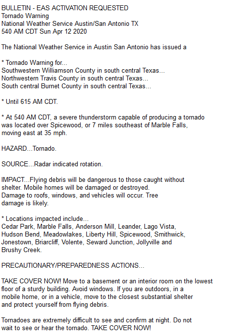 TravisCOSW's tweet photo. NWS has issued a Tornado Warning for NW TravCo until 6:15 am. #AndersonMill #LagoVista #HudsonBend #Spicewood #Jonestown #Jollyville take shelter now! Head into your safe place of your home. https://t.co/fbg7o7spXb
