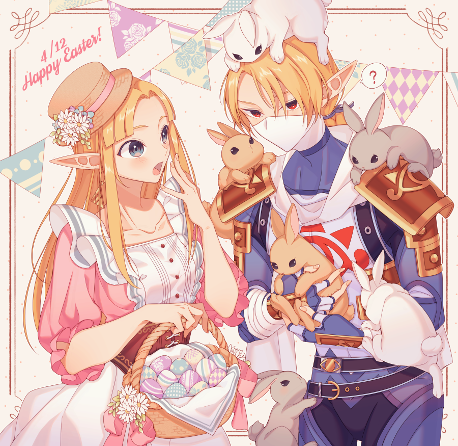 princess zelda pointy ears blonde hair multiple girls 2girls rabbit hat long hair  illustration images