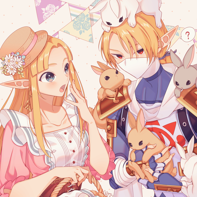 princess zelda pointy ears blonde hair multiple girls 2girls rabbit hat long hair  illustration images