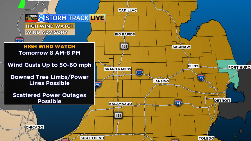 Emily_Schuitema's tweet photo. A storm system will track into the region tomorrow. We'll see widespread rain tonight into tomorrow morning, but the main story with this system will be the winds. Gusts as high as 50-60 mph will be possible, and waves could build up to 12 feet on Lake Michigan. https://t.co/kTJa7Mm75M