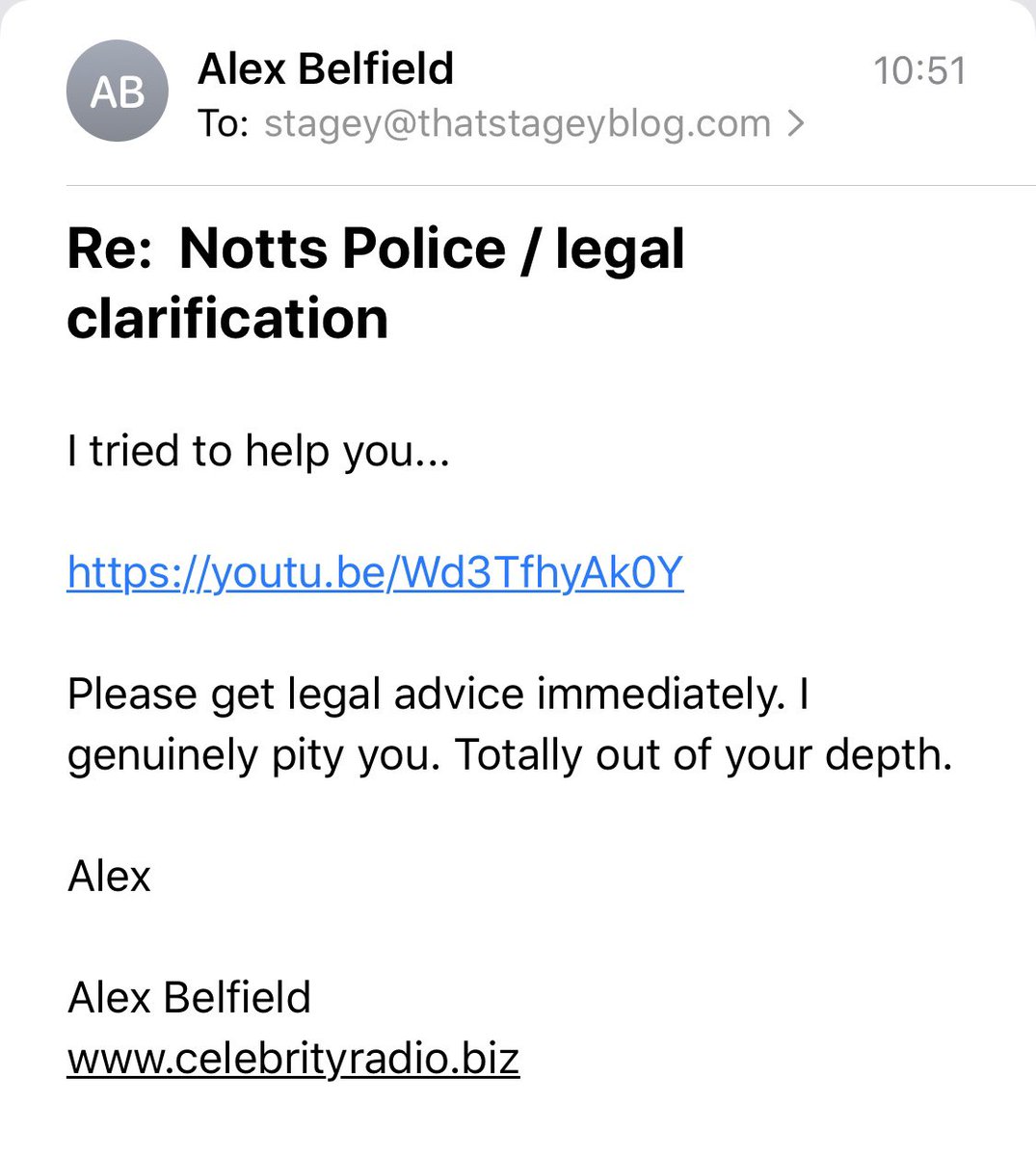 On Easter Sunday, 12th April. Alex Belfield sent me this email at 10.51 after posting this video on his YouTube page 