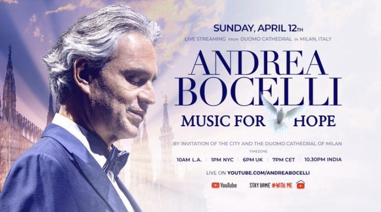 muzikkast's tweet photo. Dünyaca ünlü opera sanatçısı Andrea Bocelli Bugün 20:00'de Youtube üzerinden canlı yayında bizlerle olacak. İyi seyirler. #EvdeHayatVar #EvdeKal  #AndreaBocelli #müzik #evdekonser https://t.co/iHPKVNdCLp