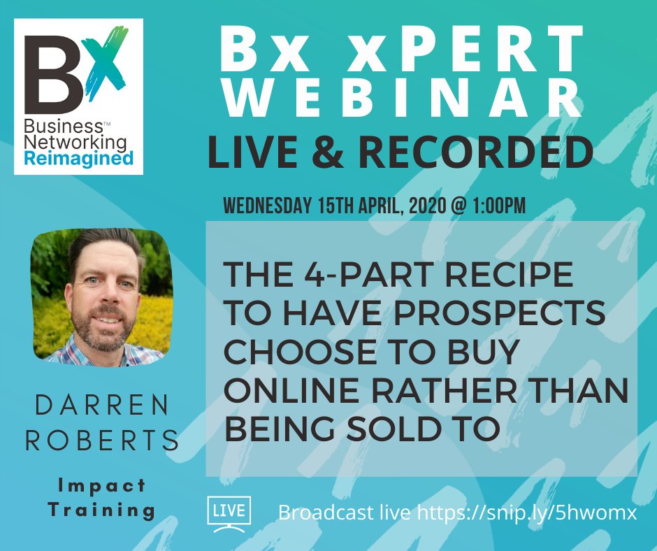 Join us for a Facebook Live on Wed, 15 Apr at 1:00 pm for an xCite Presentation by Darren Roberts from Impact Training on The 4-Part Recipe To Have Prospects Choose To Buy Online Rather Than Being Sold To.

Join us here live on Wed, 15 Apr at 1:00 pm!
zoom.us/meeting/regist…