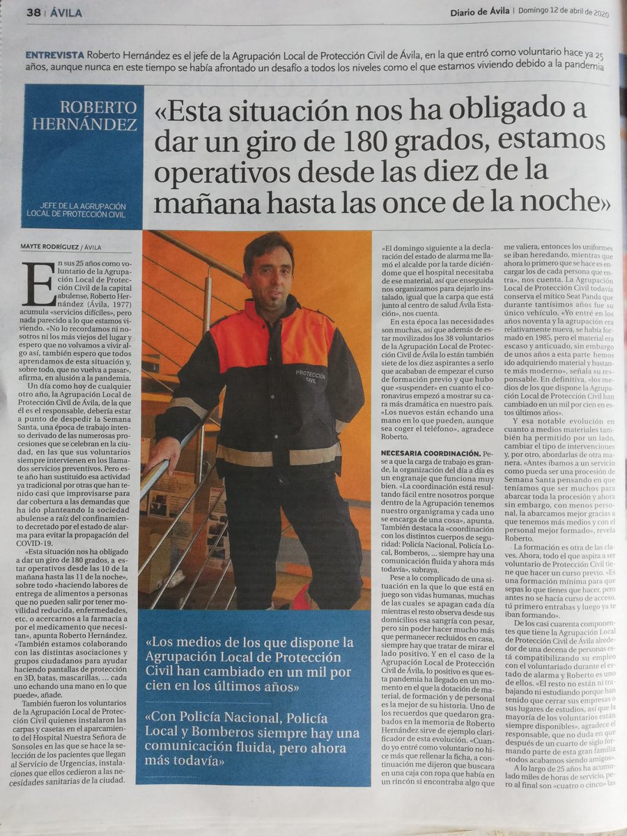 Onisabel's tweet photo. Entrevista a Roberto Hernández, jefe de la Agrupación de Voluntarios de @ProteCivilAvila, en el @diario_de_avila.
#lasprotescuentan #voluntarios #gracias #graciashéroes https://t.co/fepleKwpW2