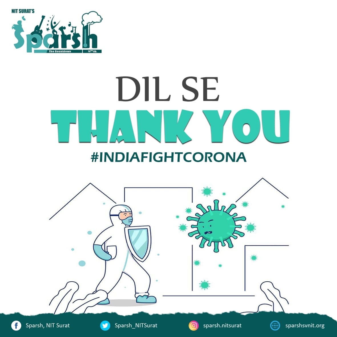 Sparsh_NITSurat's tweet photo. Team Sparsh is grateful towards the service of those who are serving the nation day and night amidst this global crisis. 🙏
#ThankYouCoronaWarriors #GharBaithoIndia #gharperaho #COVID__19 #IndiaFightsCorona #WeAreInThisTogether #India https://t.co/qQ0YvtNiaM