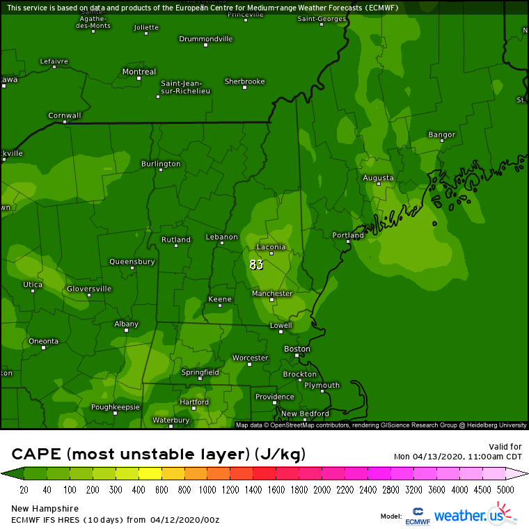 ECMWF (and other) guidance suggests pockets of elevated instability will be present across  #MEwx tomorrow as warm/moist air surges north ahead of the approaching cold front. While this instability isn't robust enough for severe convection, it won't take much to mix winds down
