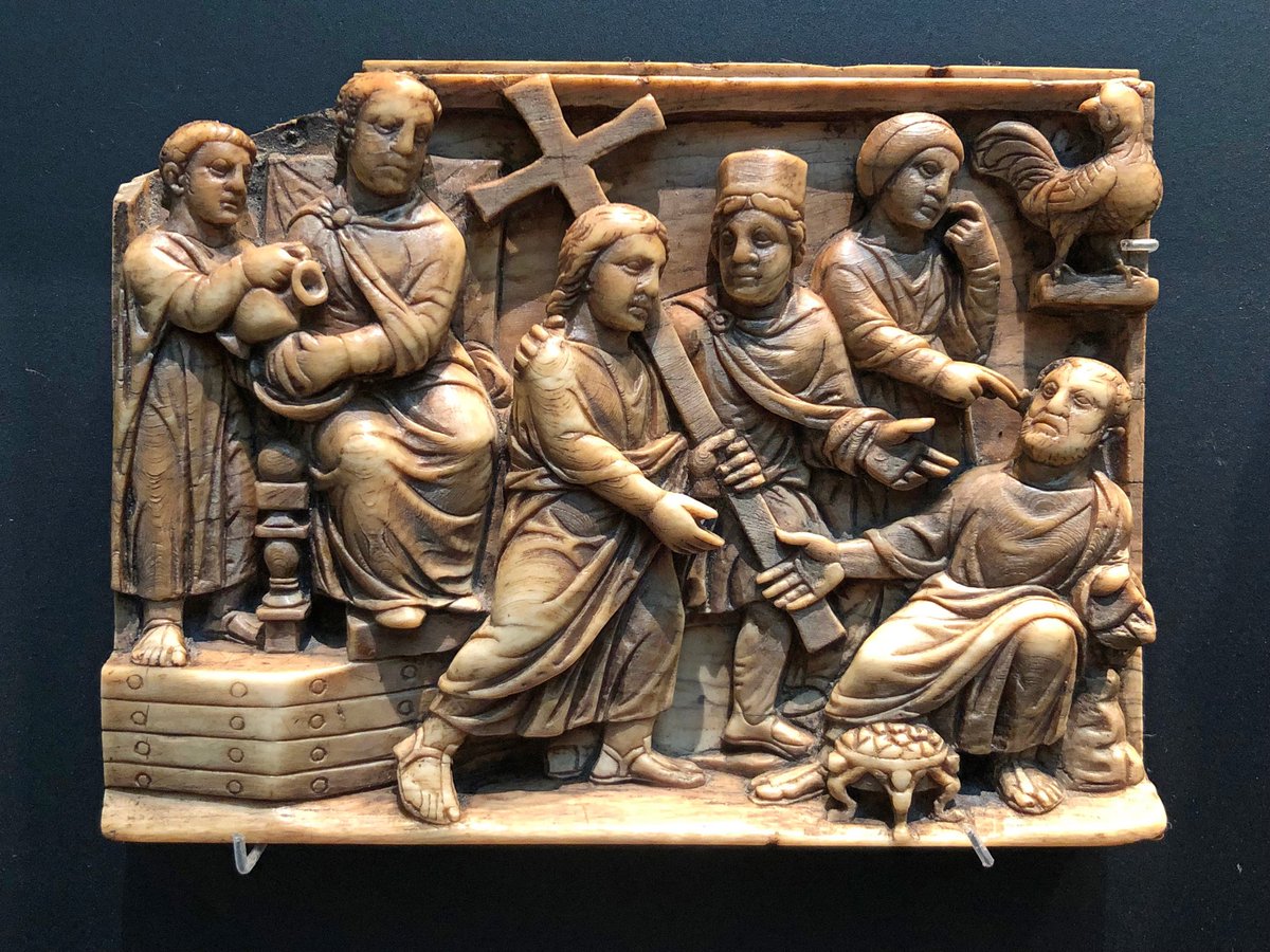 1/4) Four sides of an ivory casket, with some of the earliest known depictions of Christ's crucifixion and resurrection (early 400s AD); in the first panel the Roman governor Pontius Pilate condemns Christ who carries the cross to his place of execution.  #EasterSunday  #Roman  #Art