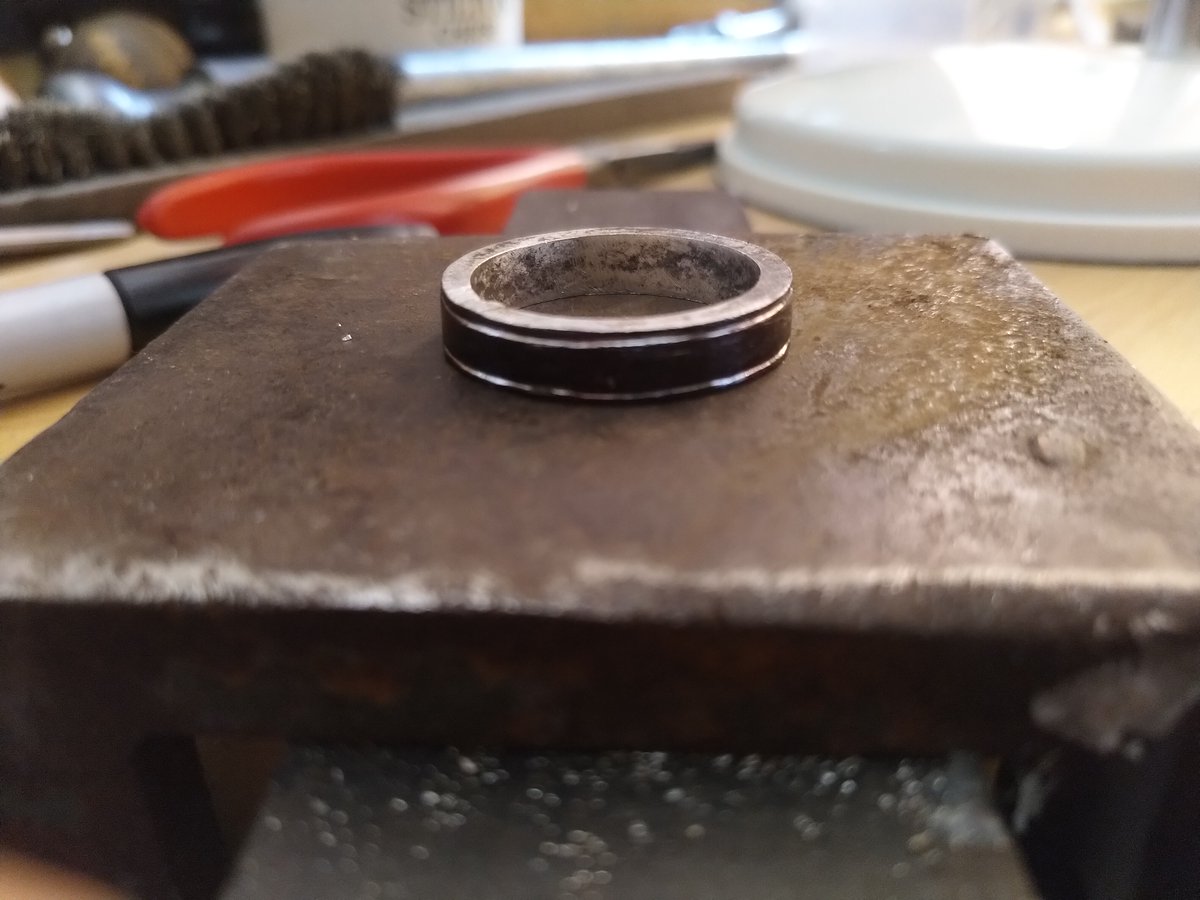 This morning, I engraved the silver ring. It is based on the Kingmoor ring, I'm using marker pen for emphasis, but ink or oxidation can be used. I've already cut the channels, with a graver and a file, which is harder than the modern method of paying somebody to diamond-mill them