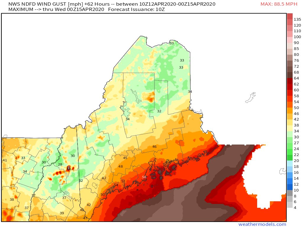 So what's the bottom line? A substantial high wind event (40-55mph) is likely for the  #MEwx coast tomorrow and we're a couple hours of solar heating, a couple degrees of surface warming, or a couple stronger convective cells away from a memorable damaging wind event (55-65+ mph)