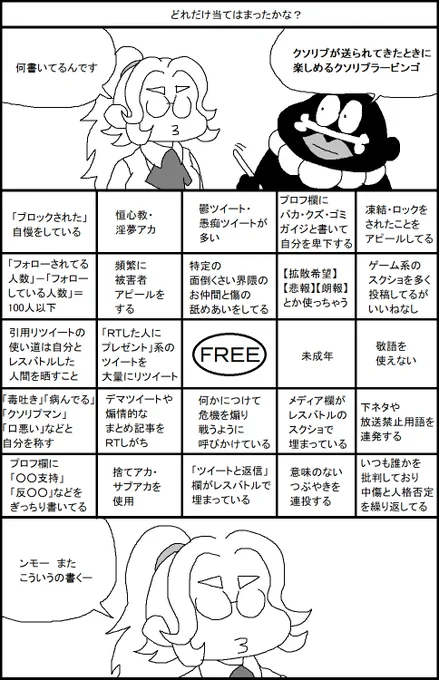 分かりにくい箇所を訂正した版と使いやすく切り抜いたものです クソリプを送ってきたアカウントを観察してビンゴの各マスに当てはまる特徴があったら埋めてビンゴを目指しましょう 