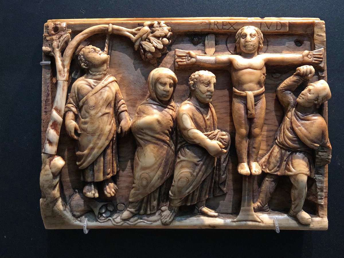 2/4) The second ivory panel shows Judas commiting suicide by hanging after betraying Christ, followed by the crucifixion. Above Christ the Romans have hung a sign saying REX IVDaeorvm - “King of the Jews”.