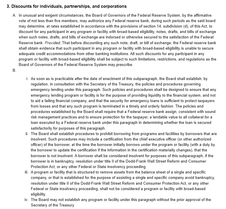 Section 13(3) was clarified like a children’s book by Congress after the GFC. The illegal end-run is to act as if the shell SPV is the “company” getting a loan secured by “collateral.” UNSECURED SECONDARY MARKET DEBT OF CORPORATIONS IS BEING TREATED AS ITS OWN COLLATERAL.