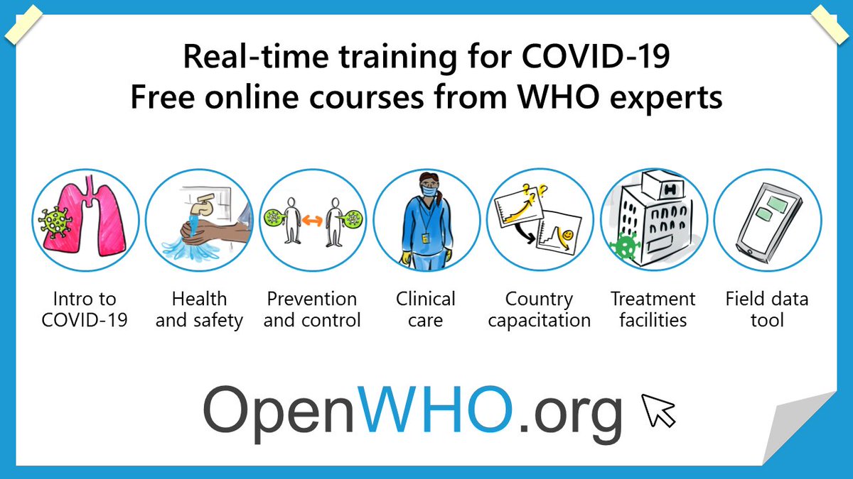 Learn about the  #coronavirus & emergency response with our free  #OpenWHO courses:- Introduction to  #COVID19- Health & safety- Infection prevention & control- Clinical care- Country capacitation- Treatment facilities- Field data toolEnroll now:  https://bit.ly/3efpRPN 