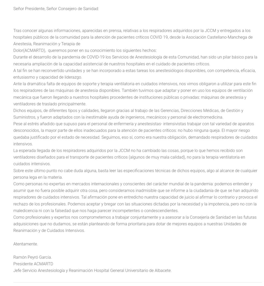 LaLupaJudicial's tweet photo. Sobre los "Respiradores" Turcos:

     Carta del Jefe del Servicio de anestesiologia y reanimación al Sr. García Page... "Los respiradores son ventiladores" 🤦‍♀️
@DiarioSanitari0 https://t.co/g8nNXP69k5