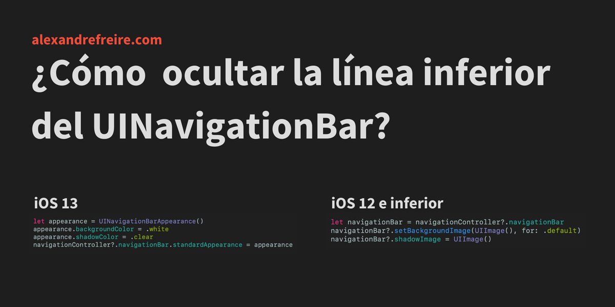 xandrefreire's tweet image. 🔴 [NUEVO POST] “¿Cómo ocultar la línea inferior del UINavigationBar?

Por defecto todas las barras de navegación tienen una linea inferior de 1 pixel. ¿Qué puedes hacer para que no se vea?
👇
alexandrefreire.com/uikit/como-ocu…

🔁 ¿Me ayudas con un RT? 

#programación  #swiftLang #iosblog