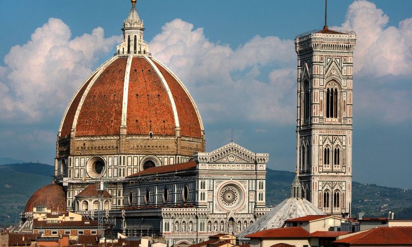 santa maria del fiore- gothic cathedral in florence- on piazza duomo (baptistery and giotto's campanila are also part of the cathedral complex)- the famous dome was constructed by filippo brunelleschi- beautiful pink and green marble panels