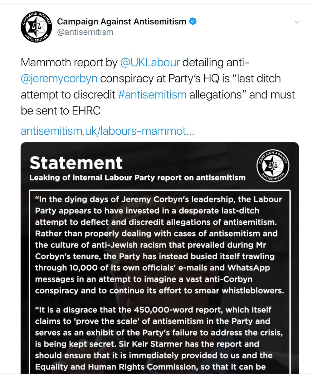 In last days of Jeremy Corbyn's leadership, Labour trawled through 10,000 emails and messages to produce a report into antisemitism that attempts to shield him and his supporters from any blame and instead pin responsibility on whistleblowers and former members of staff  (1/2)