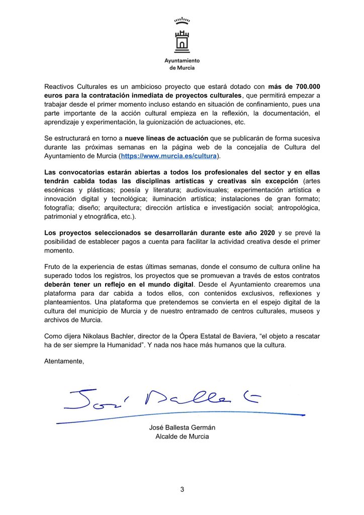 Ballesta_Murcia's tweet photo. Estamos viviendo un cambio de época.

Desde el @AytoMurcia consideramos necesaria la declaración de la cultura como una actividad esencial porque, en crisis como estas, son las sociedades más avanzadas intelectualmente las que salen más fortalecidas.

👇🏼 Carta abierta https://t.co/bXXQHW9Dc5
