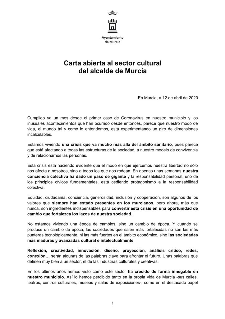 Ballesta_Murcia's tweet photo. Estamos viviendo un cambio de época.

Desde el @AytoMurcia consideramos necesaria la declaración de la cultura como una actividad esencial porque, en crisis como estas, son las sociedades más avanzadas intelectualmente las que salen más fortalecidas.

👇🏼 Carta abierta https://t.co/bXXQHW9Dc5