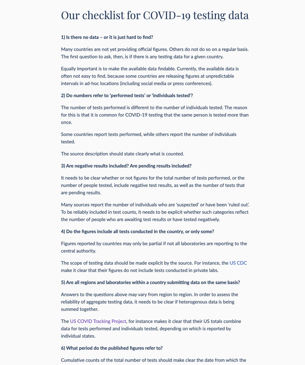 Our main effort is to build a global database on testing for COVID-19.Our page on it [ http://ourworldindata.org/covid-testing ] includes a Checklist for all the information that should be clear from the data description of the original publisher.Below is part of that checklist.