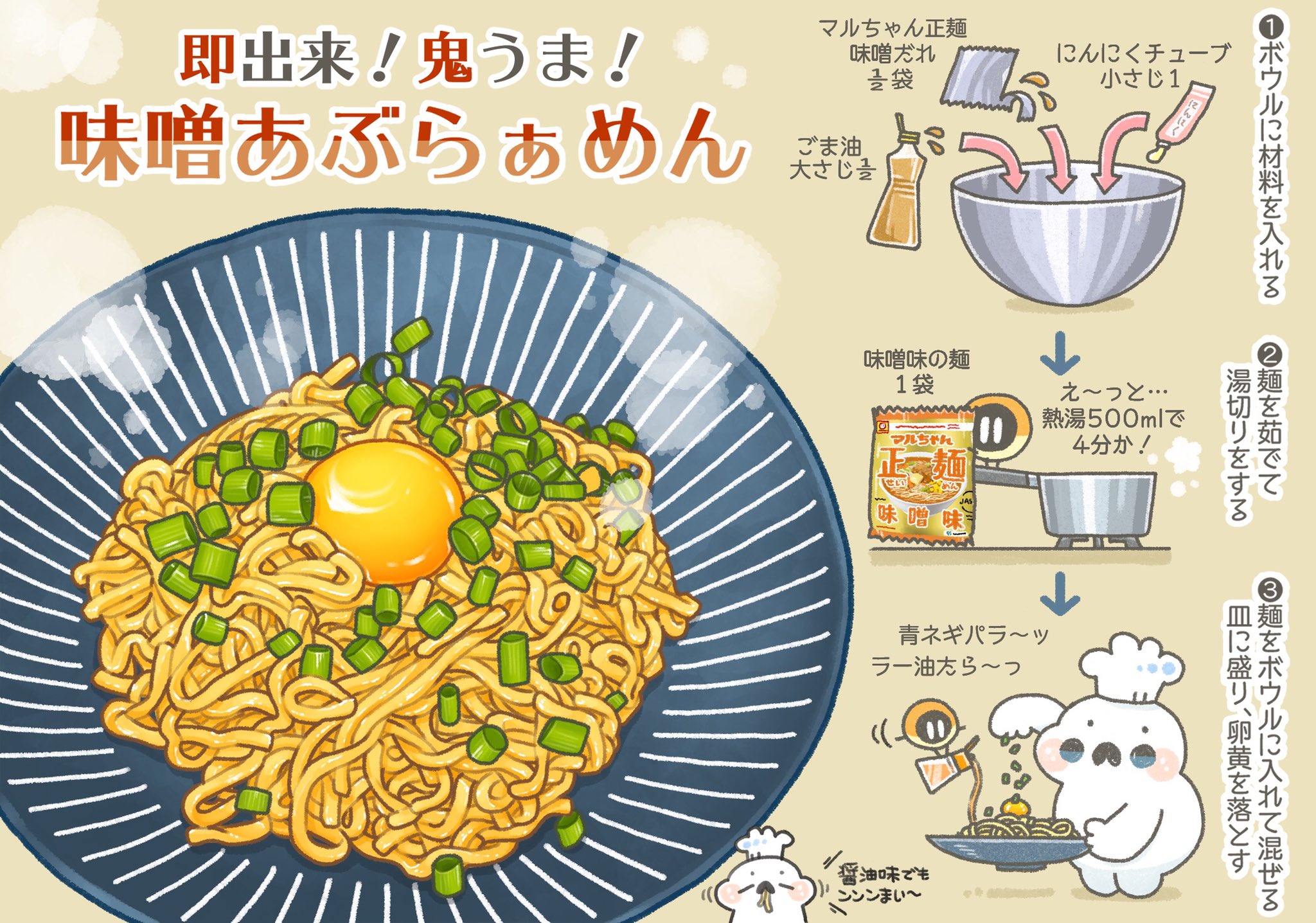 ぼく いらすと料理家 マルちゃん正麺 を汁なし 油めんにすると こってり鬼うま 即出来 味噌あぶらぁめん ボウルに材料を入れる マルちゃん正麺味噌 たれ半分 にんにくチューブ 小1 ごま油 大半分 麺を表記通りに茹で 湯切り 麺