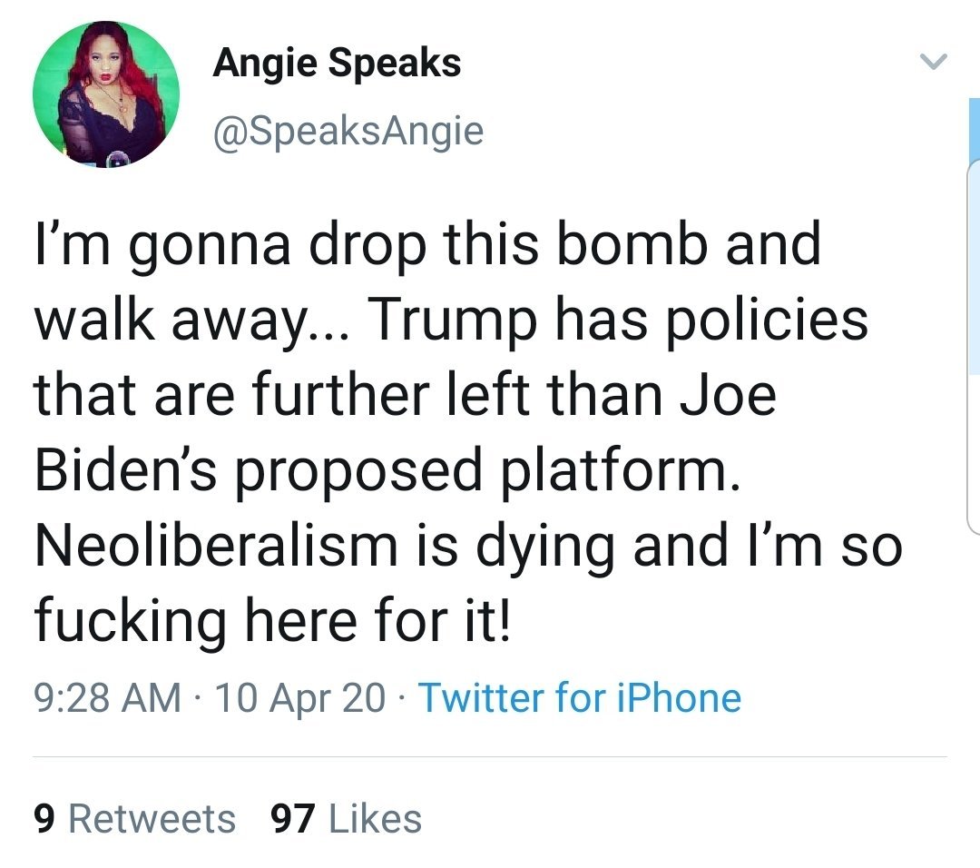 Respectfully, no. Ok, first off, don't tell me that neoliberalism is dying when the USPS is under attack- by Trump. It would take too long to explain what that means in America- but its fucking BAD. And fascists and buffoons are not mutually exclusive by any means.