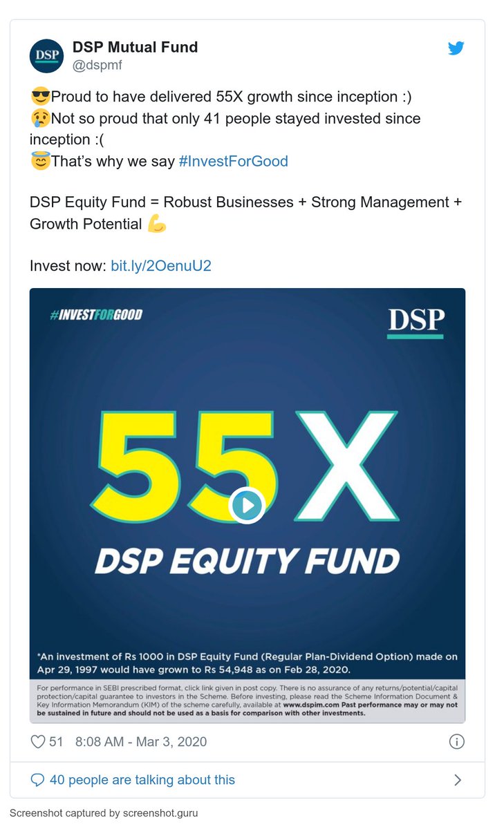 But the questions remains, how many people would've have remained invested since the inception. A while ago, DSP had tweeted that only 41 investors remained invested in their DSP Equity Fund since the inception in 1997. How many would've remained in the small-cap fund sine 1997?