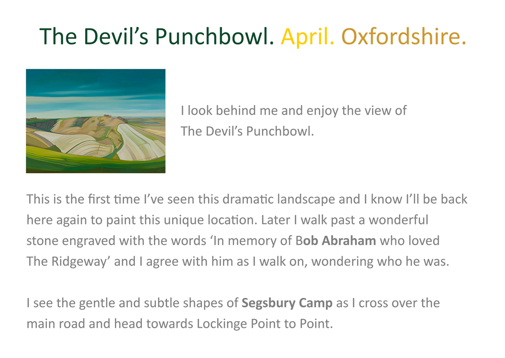 I produced a walking diary and map of each section (which formed part my exhibition) & the section I am talking about today was between the Uffington White Horse & Sparshot Firs which takes in one of my favorite landscapes, The Devil's Punchbowl.