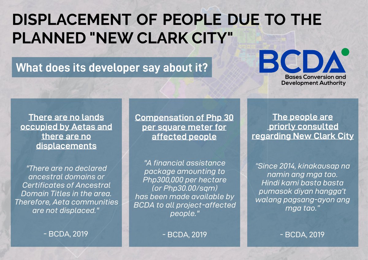 Sources:BCDA. (2019, December 5). Statement Re: Seven-day Notice to Evacuate. Retrieved April 8, 2020, from  https://bcda.gov.ph/statement-re-seven-day-notice-evacuateBCDA. (2019, July 15). New Clark City project hires more than 300 Aeta workers. Retrieved from  https://bcda.gov.ph/new-clark-city-project-hires-more-300-aeta-workers