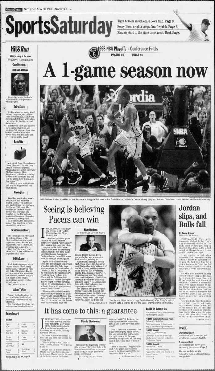 The playoffs were grueling. The 8th seed, 43-win Nets became the first team to push a championship Bulls team to overtime in the first round. The Pacers held their home court in the ECF and pushed the Bulls to their first Game 7 in a championship year since the Knicks in ‘92.