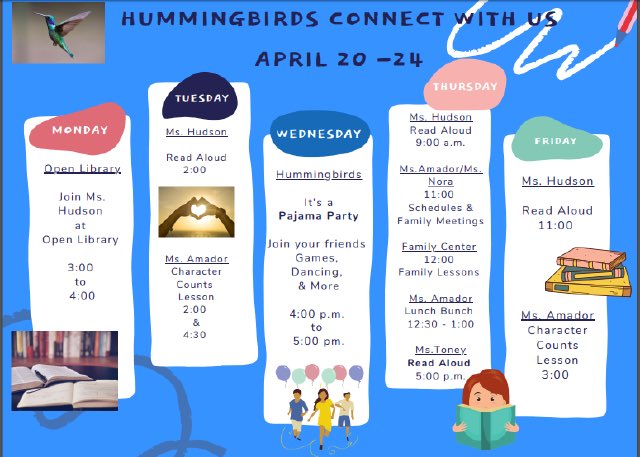 HolmquistES's tweet photo. Lots of things happening this week @HolmquistES - here are a few.  Parents check your email for our @SmoreNewsletter with all the Zoom codes.  @kimtoneyHMQ is doing a #ReadAloud on Thurs @ 5:00!

*Correction- Fri @ 11:00 is #OpenLibrary not #ReadAloud https://t.co/kcT5D6oQE1