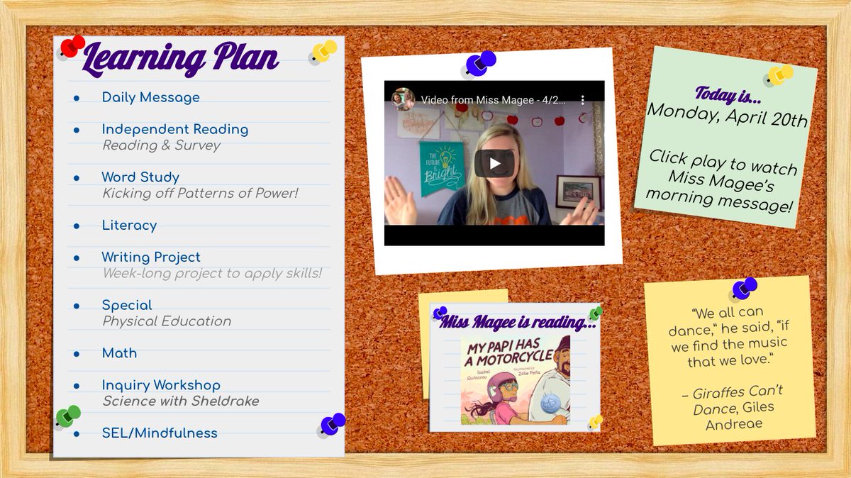 LorraineMLeddy's tweet photo. So glad that a teacher on FB shared this customizable bulletin board template for Google Slides! Excited that students can follow along with the information while they watch the daily message. 📚💻 #distancelearning https://t.co/9dLwkPchuI