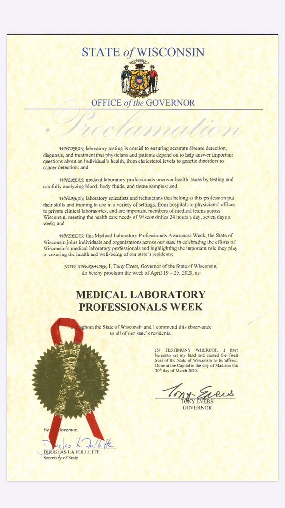 KGolabMLS's tweet photo. Thankful to @GovEvers for signing the proclamation to observe this week as medical laboratory professionals week in Wisconsin! Lab professionals are doing crucial work getting testing for COVID up and running so our doctors can treat patients! #NMLPW2020 #VirtualLabWeek https://t.co/GCwnppVfJZ