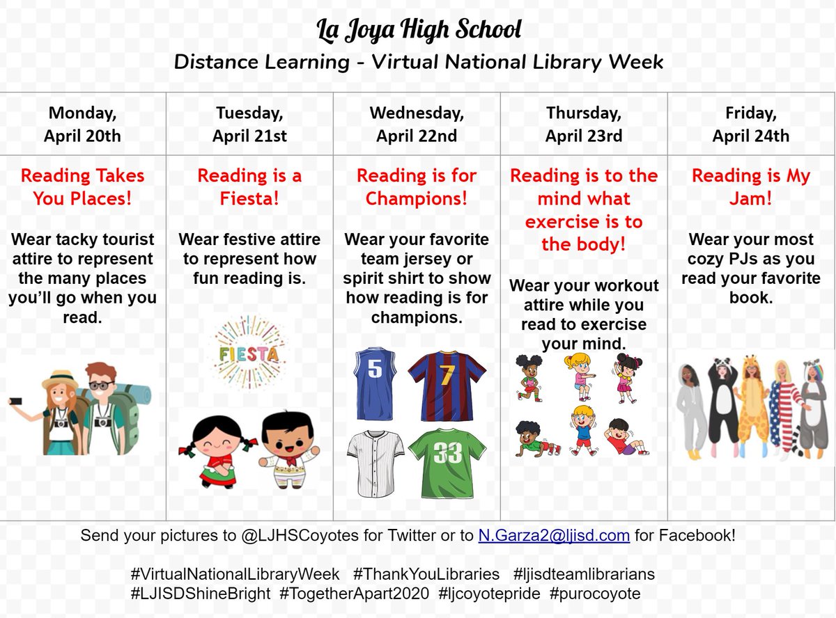 LJHSCoyotes's tweet photo. Celebrate National Library Week by sending your pictures to @LJHSCoyotes for Twitter or to N.Garza2@ljisd.com for Facebook! #VirtualNationalLibraryWeek   #ThankYouLibraries #ljisdteamlibrarians #TogetherApart2020 #LJISDShineBright 
#ljcoyotepride #purocoyote https://t.co/byIqm1ohYA