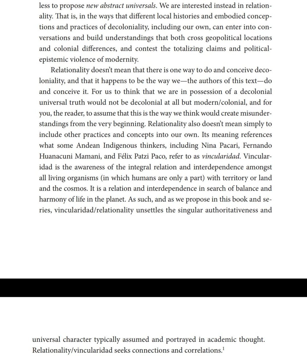 "Vincularidad is the awareness of the integral relation and interdependence amongst all living organisms ... vincularidad/relationality unsettles the singular authoritativeness and universal character typically assumed and portrayed in academic thought."