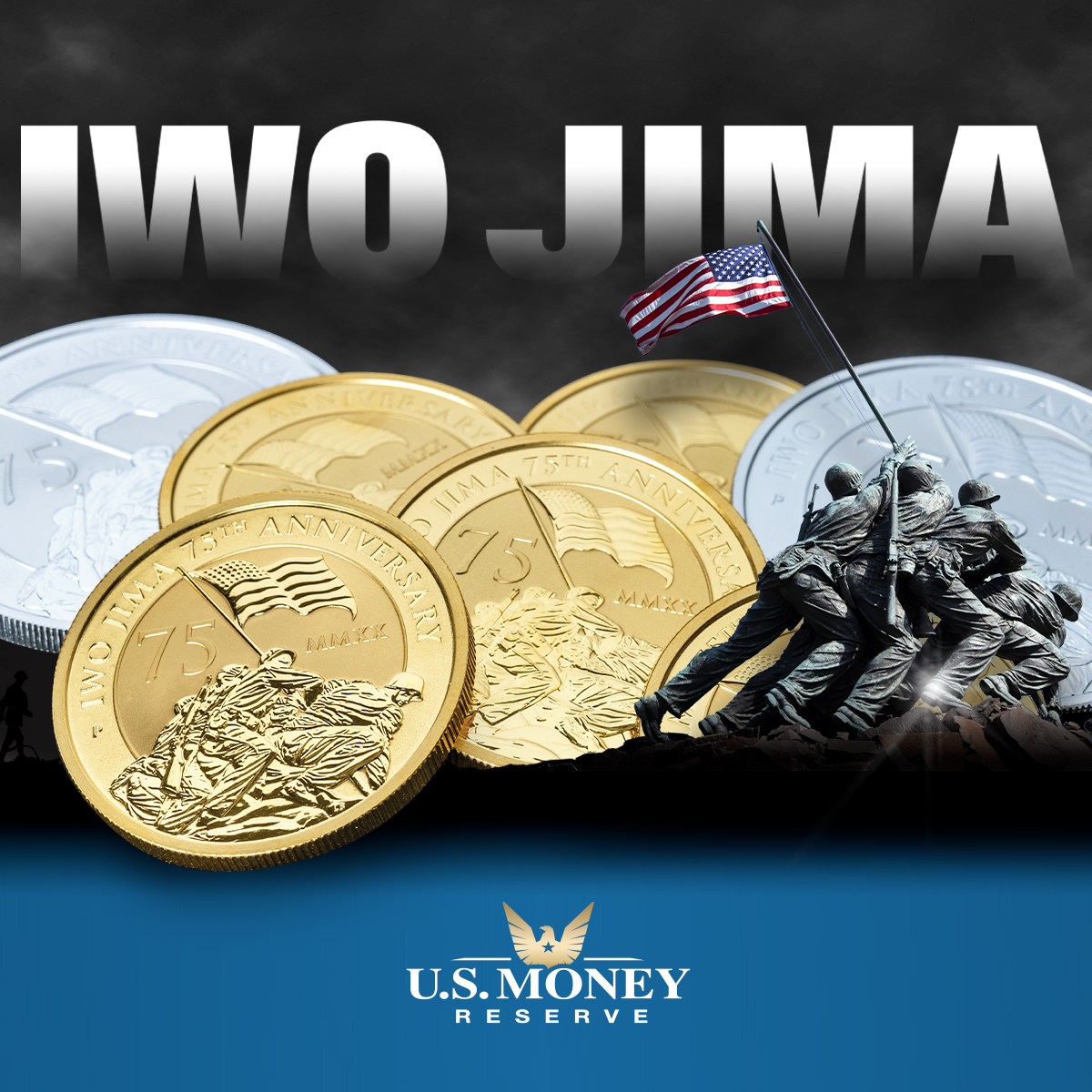 USMoneyReserve's tweet photo. In honor of the 75th anniversary of Iwo Jima, we are offering exclusive #gold and #silver coins to commemorate the brave Americans who served. Purchases will include free shipping until the 25th. Call (833) 271-4599 or visit https://t.co/iE0J9hHar3 for more information. #coinweek https://t.co/dmJtGyoZ8p